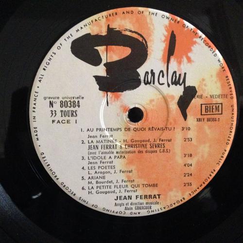 1 Disque Vinyle LP 33 Tours - Barclay 80384 - Jean Ferrat : Au Printemps de  qui rêvais-tu, La matinée, L'idole à papa, Les poètes, Ariane, La petite