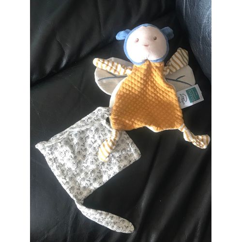 Doudou Attache Sucette Pollen L'abeille 17cm Coton Bio Avec Son Mouchoir Doudou Et Compagnie