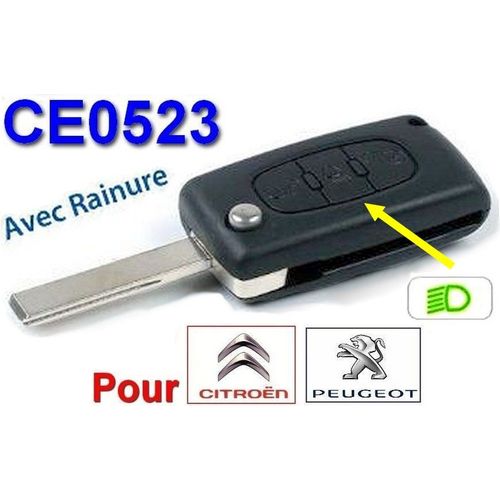 Coque De Clé 3 Boutons (Phare) Plip Ce0523 + Lame Avec Rainure Pour Peugeot 107 207 208 307 308 407 807 Citroën C1 C2 C3 C4 C5 C6 C8 Picasso Télécommande