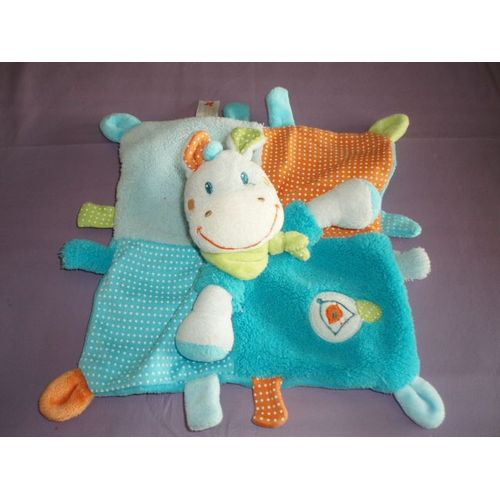 Doudou Peluche Plat Carre Zebre Nicotoy Bleu Turquoise Orange Vert