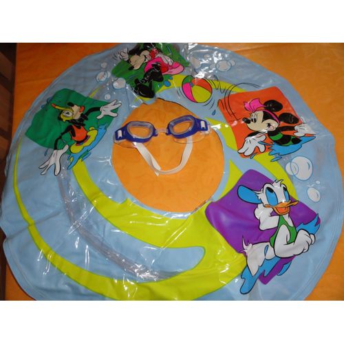 Bouée De Natation Mickey (Diamètre Extérieur 59cm, Diamètre Intérieur 20cm) + Lunettes De Piscine Bleues Réglables - Pour Enfant De 6 À 10 Ans