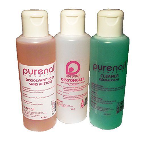 Kit 3 Solvants Pour Ongles Et Faux Ongles Inclut :1 Cleaner Dégraissant 125ml +1 Diss'ongle Acétone 125ml + 1 Dissolvant Sans Acétone 125ml 