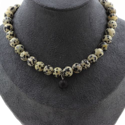 Collier Perles Jaspe Dalmatien 8 Mm + 1 Perle Lave 8 Mm. Chaine En Collier Femmes, Hommes. Taille Personnalisable.