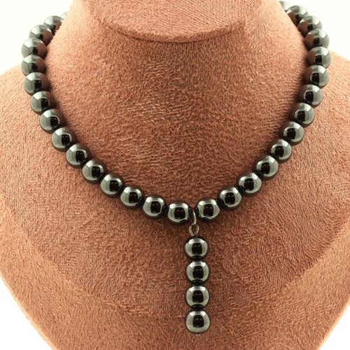 Collier Perles Hématite 8 Mm + 4 Perles Hématite 8 Mm. Chaine En Acier Collier Femmes, Hommes. Taille Personnalisable.