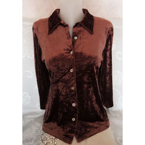 Gilet Femme Velours Taille 42 Marron Top À Manches Boutons En Nacre Autre Ton