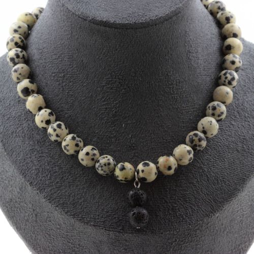 Collier Perles Jaspe Dalmatien 8 Mm + 2 Perles Lave 8 Mm. Chaine En Collier Femmes, Hommes. Taille Personnalisable.