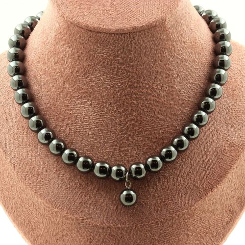 Collier Perles Hématite 8 Mm + 1 Perle Hématite 8 Mm. Chaine En Acier Collier Femmes, Hommes. Taille Personnalisable.