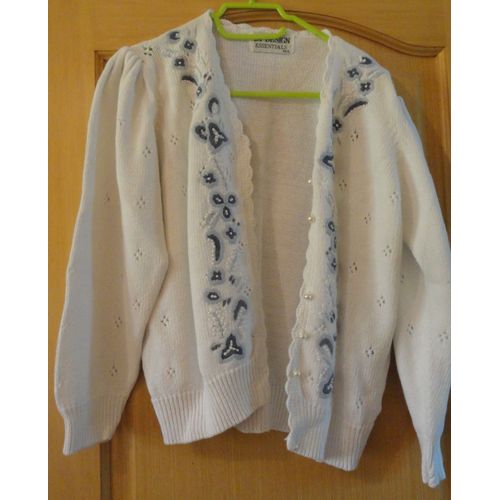 Gilet Blanc Manches Longues À Boutons Perles Et Motifs Bleus - 45% Coton/55% Ramie - Taille 38/40 - Modèle Essentials De By Design