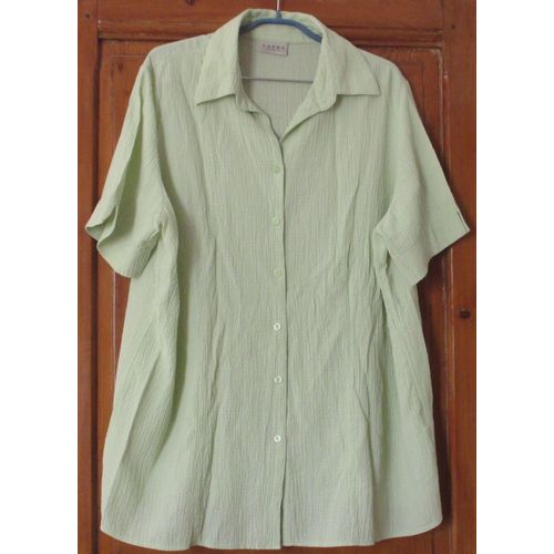 Long Chemisier/Tunique À Manches Courtes - Col Ouvert - Taille 44/46 De Canda Collection A T C& A - Vert Clair - Tissu Aspect Froissé 54%Viscose/40%Polyester/2%Élasthane - Fermeture Par 6 Boutons 