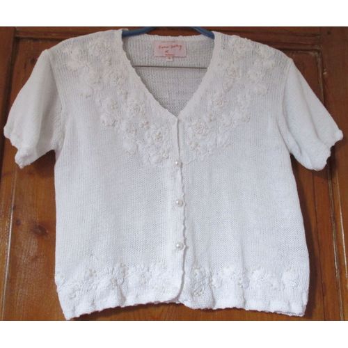Top/Petit Gilet Élégant Blanc Avec Broderies De Fleurs Et Perles Blanches - 5 Petits Boutons Perles- Collection René Derhy Originale - Taille S - 55%Ramie/45%Coton - Vêtement Ancien Et Peu Porté