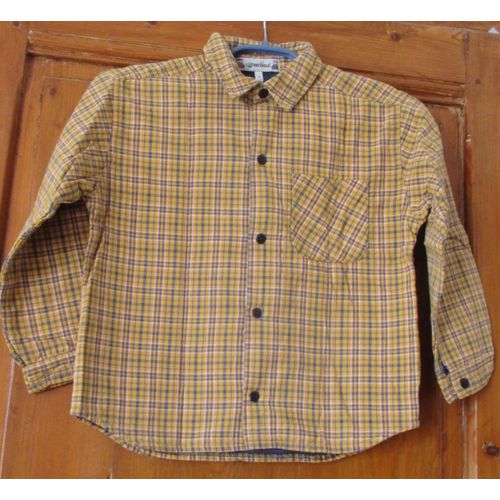 Chemise Garçonnet Marque Tintoulé - 6 Ans - Écossais Jaune Et Bleu, Intérieur Bleu - 1 Poche Poitrine - 100%Coton - Côtés Arrondis