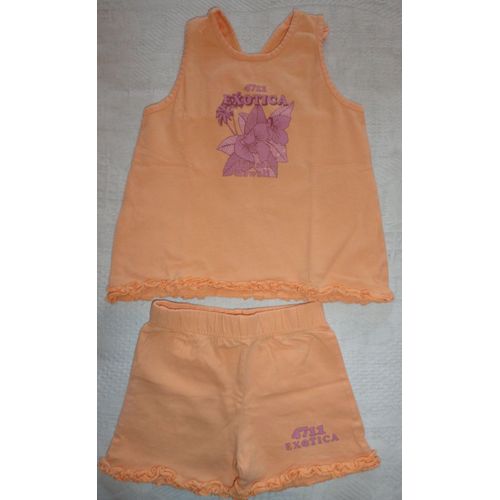 Débardeur Et Short Assortis Pour Fillette - Taille 5 Ans - Couleur Orange - Avec Inscriptions 4711 Exotica Et Fleur D'orchidée