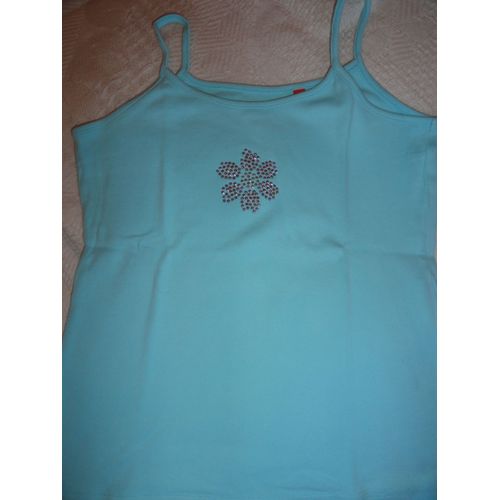 Débardeur Fille À Bretelles Bleu Clair Avec Une Petite Fleur En Strass - 10 Ans - 100% Coton