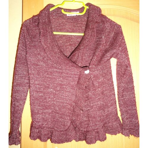 Gilet Violet Et Doré 10 Ans (138cm) N K Y, Manches Longues, Femeture Avec 1 Bouton Et Système Cache-Coeur - 88% Acrylique + 8% Polyester + 4% Fibre Métallique