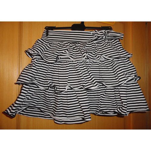 Jupe Courte Noire Et Blanche À Volants Avec 1 Noeud Sur Le Côté - Marks & Spencer - Taille Anglaise 13 Ans - 100%Coton
