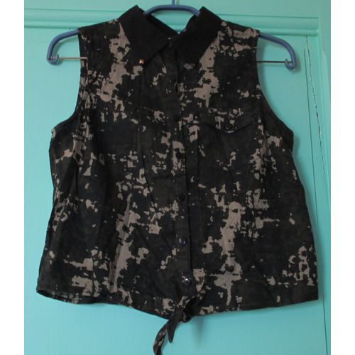 Petit Chemiser Court Noir Et Beige/Gris - Caprice De Fille - 16 Ans - Col Noir Et Lien À Nouer En Bas - Emmanchures Dégagées