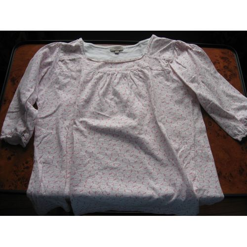 Petit Haut Fond Blanc Et Dessins Roses, Encolure Carrée, Manches 3/4 En 11/12 Ans - Marque Tex Kids