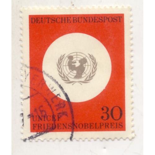 Timbre Allemagne, Bundespost :  Timbre Oblitéré, U N I C E F Friedensnobelpreis (Unicef Prix Nobel De La Paix), Valeur 30