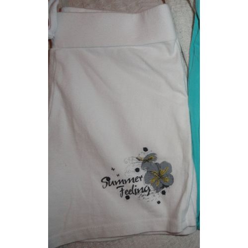 Short Coton Blanc Pour Fillette 10 Ans - Large Taille Élastiquée - Avec Dessin Fleur Et Inscription Summer Feeling