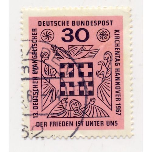Timbre Allemagne, Bundespost :  Timbre Oblitéré,13 Deutscher Evangelischer Kirchentag Hannover 1967, Der Frieden Ist Unter Uns (La Joie Est En Nous, Jour Des Églises De Hanovre), Valeur 30
