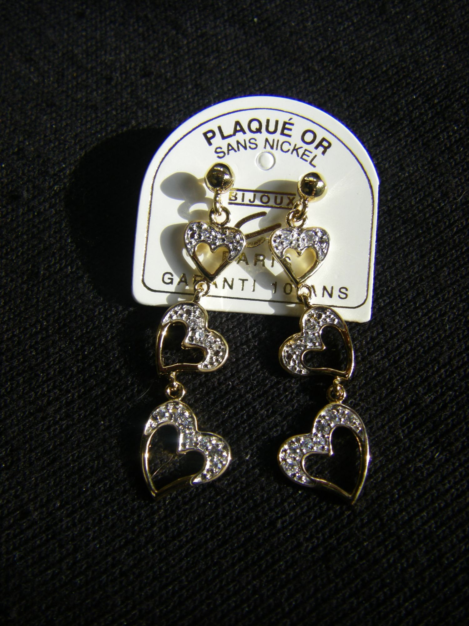 Boucles D'oreilles (Clous) Pendantes 3 CUrs En Plaqué Or Avec Zirconium