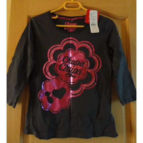 Tee-Shirt À Manches Longues " Chupa Chups" - Streetwear De Marque Cache-Cache - Taille 2 (Environ 14 Ans) - Gris Avec Motif Rose Brillant - 100% Coton