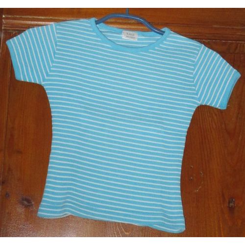 Tee-Shirt Fille Manches Courtes, Forme Près Du Corps - Turquoise Rayé Blanc - 100%Coton - Taille Environ 8 Ans