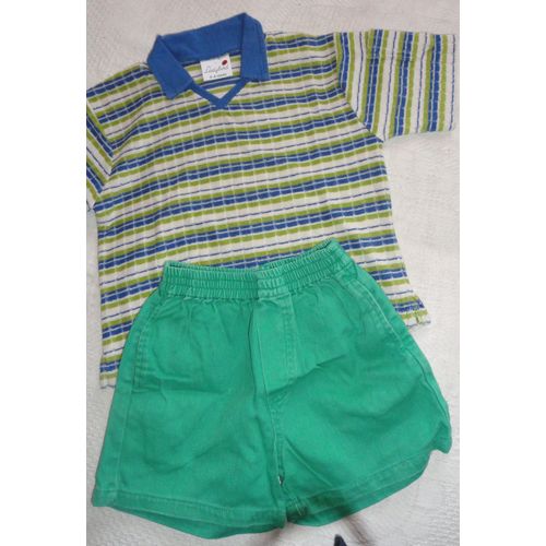 Tee-Shirt Forme Polo Rayé Turquoise/Bleu - Manches Courtes - Marque Ladybird 3/4ans - Avec Short Taille Élastiquée Coton Turquoise Assorti