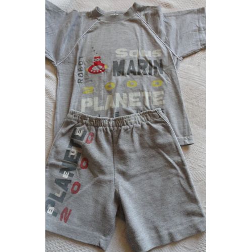 Tee-Shirt Manches Courtes Et Short Assorti - Fond Gris Motif Planète 2000 - Taille 3 Ans - 67% Coton + 33% Polyester