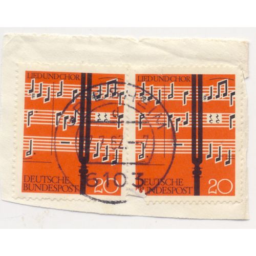 Timbre Allemagne, Bundespost : 2 Timbres Oblitérés, Liedundchor (Partition De Musique) , Valeur 20