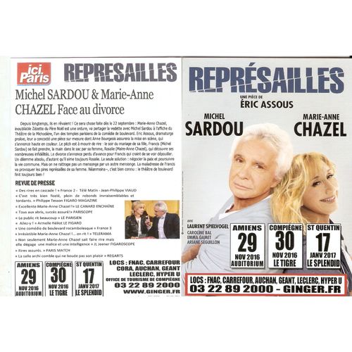 Flyer 10x15cm Papier Glacé Théatre Imprimé Recto Verso Michel Sardou  Represailles Marie Anne Chazel