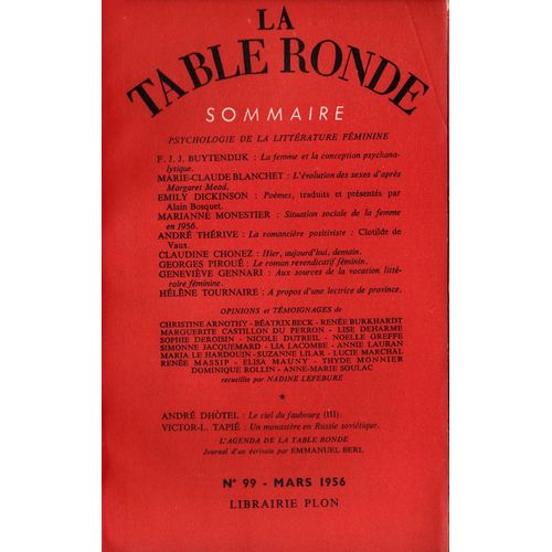 La Table Ronde N° 99 - Psychologie De La Littérature Féminine.F. J. J. Buytendijk : La Femme Et La Conception Psychanalytique.Marie-Claude Blanchet : L'évolution Des Sexes D'après Margaret ...