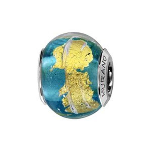 Charms Coulissant Argent Rhodié Verre De Murano Bleu Clair Feuille D'or