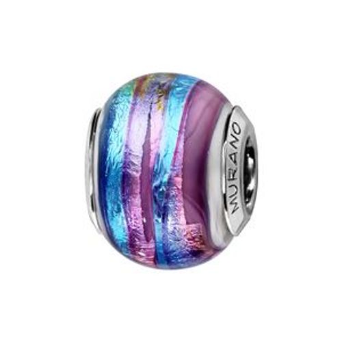 Charms Coulissant Argent Rhodié Verre De Murano Rose Rainure Bleu