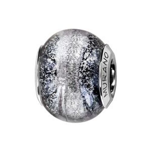Charms Coulissant Argent Rhodié Verre De Murano Gris Pailleté Reflet Bleu