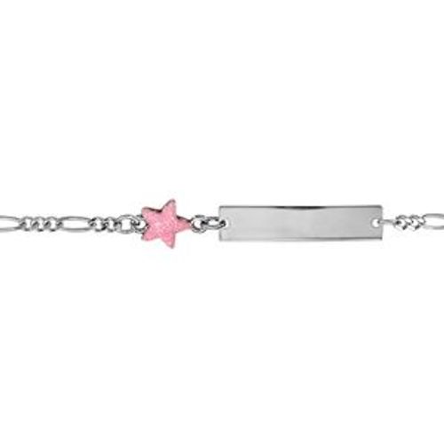 Identité Bébé Argent Rhodié Plaque Droite Motif Étoile Rose 13+2cm