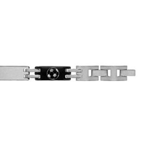 Bracelet Acier Et Pvd Noir Junior 7mm Gravure Laser Ballon De Foot 17cm Réglable Double Fermoir 16cm