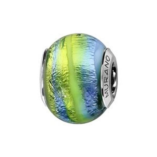 Charms Coulissant Argent Rhodié Verre De Murano Bleu Rainure Jaune