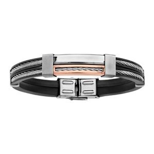 Bracelet Acier Et Cuir Bovin Noir 2 Rangs Câble Et Pvd Rose