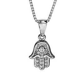 Collier Argent Rhodié Pendentif Main De Fatma Oxydes Blancs 42+3cm