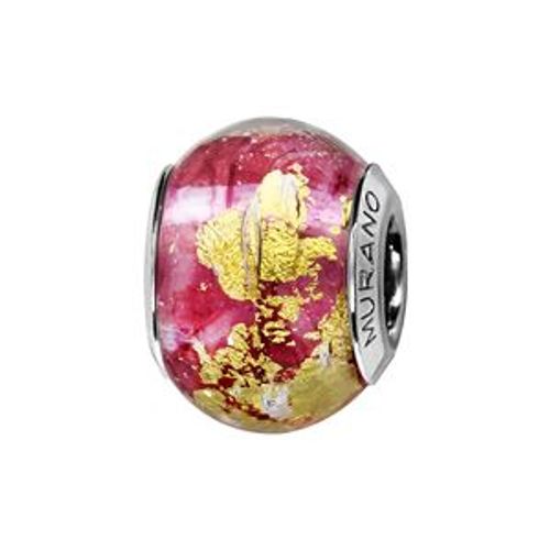 Charms Coulissant Argent Rhodié Verre De Murano Rouge Feuille D'or