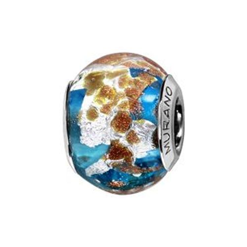 Charms Coulissant Argent Rhodié Verre De Murano Bleu Clair Pailleté Et Feuille Argent