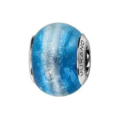 Charms Coulissant Argent Rhodié Verre De Murano Bleu Nacré