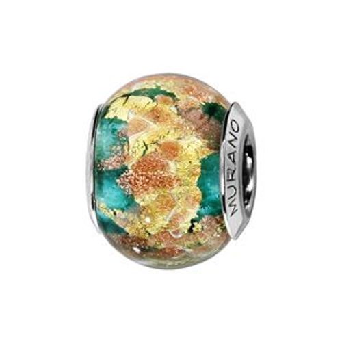 Charms Coulissant Argent Rhodié Verre De Murano Vert Pailleté Doré