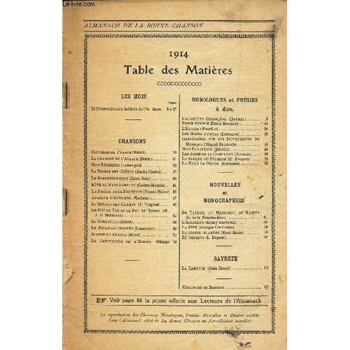 Almanach De La Bonne Chanson - Pour La Famille Et La Jeunesse - Annee 1914 / Clochers De France / La Chanson De L'alsace / Mon Regiment / La Priere Des Chenes / Le Rassemblement / Reve Au ...