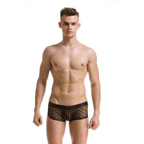 Slip Boxer Transparent Noir Filet Sexy Homme Viril Thong Man Underwear Mboer401