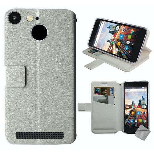 Housse Etui Coque Portefeuille Pour Archos 50f Helium Lite + Film Ecran - Blanc