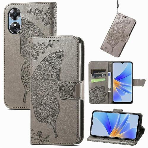 Étui Pour Oppo A17 Papillon Portefeuille Affaires Multi-Couleur Aile - Gris