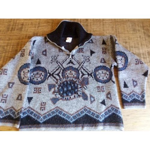 Pull Tons Gris Motifs Noirs/Bleus Taille 10 Ans Col Montant Fermeture Éclair