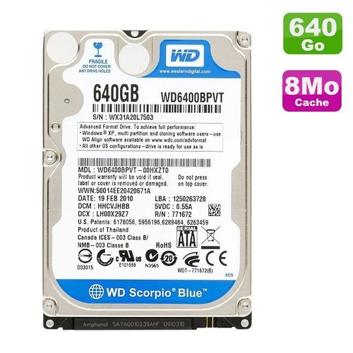 Disque Dur 640Go SATA 2.5" Western Digital Scorpio Blue WD6400BPVT Pc Portable